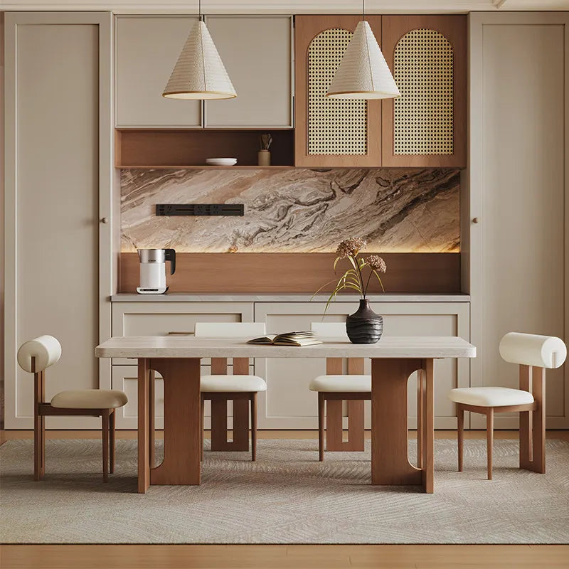 Retro Travertine Stone 6-Seater Dining Set with Upholstered Chairs