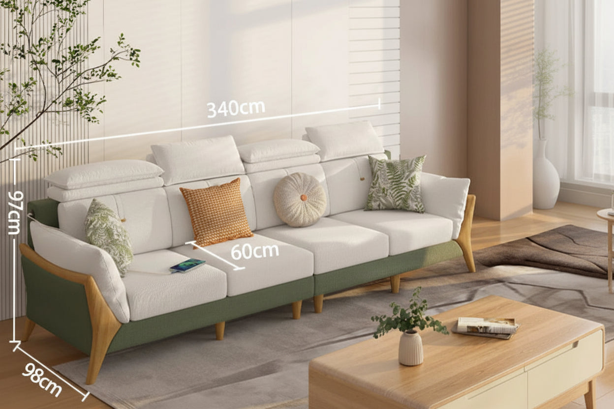 Gray sofa with wooden legs in a living room setting, showing dimensions.