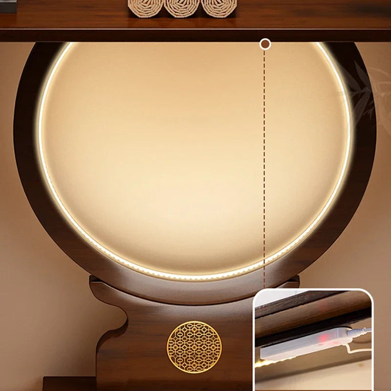 Wooden lamp with circular light fixture on a wooden surface