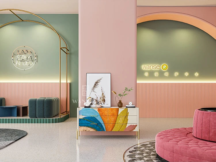 Modern interior design with colorful furniture and decor elements.