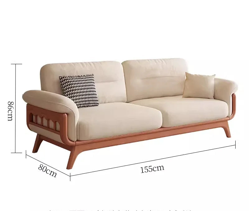 Beige sofa with wooden frame and dimensions on a white background