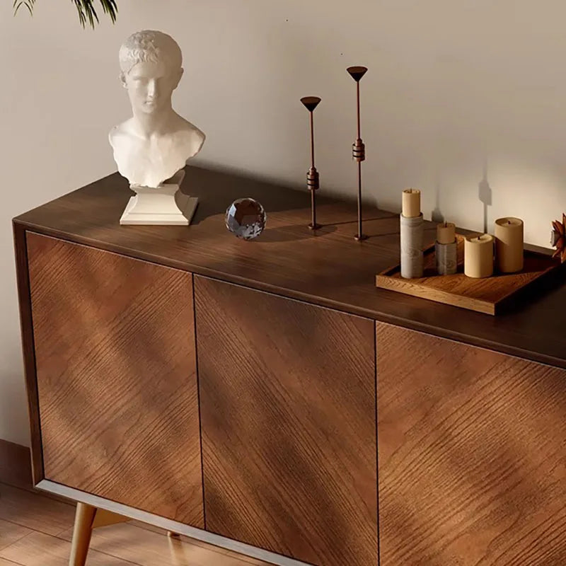 Shivana Retro Herringbone Solid Wood Sideboard Cabinet with Brass Legs - 120cms