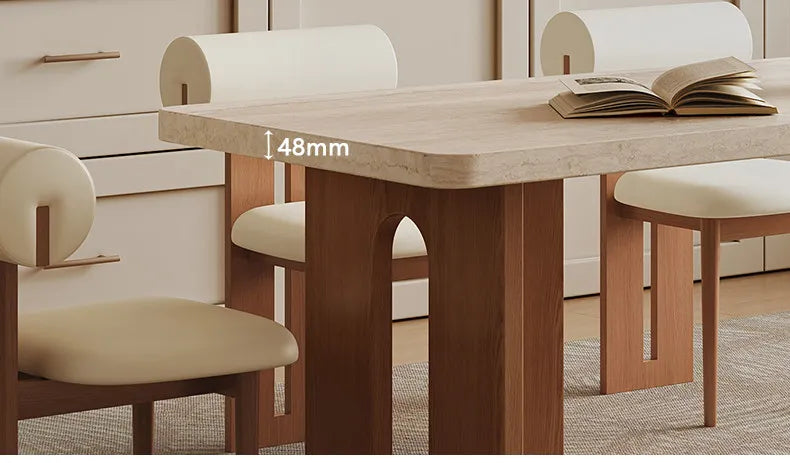 Retro Travertine Stone 6-Seater Dining Set with Upholstered Chairs