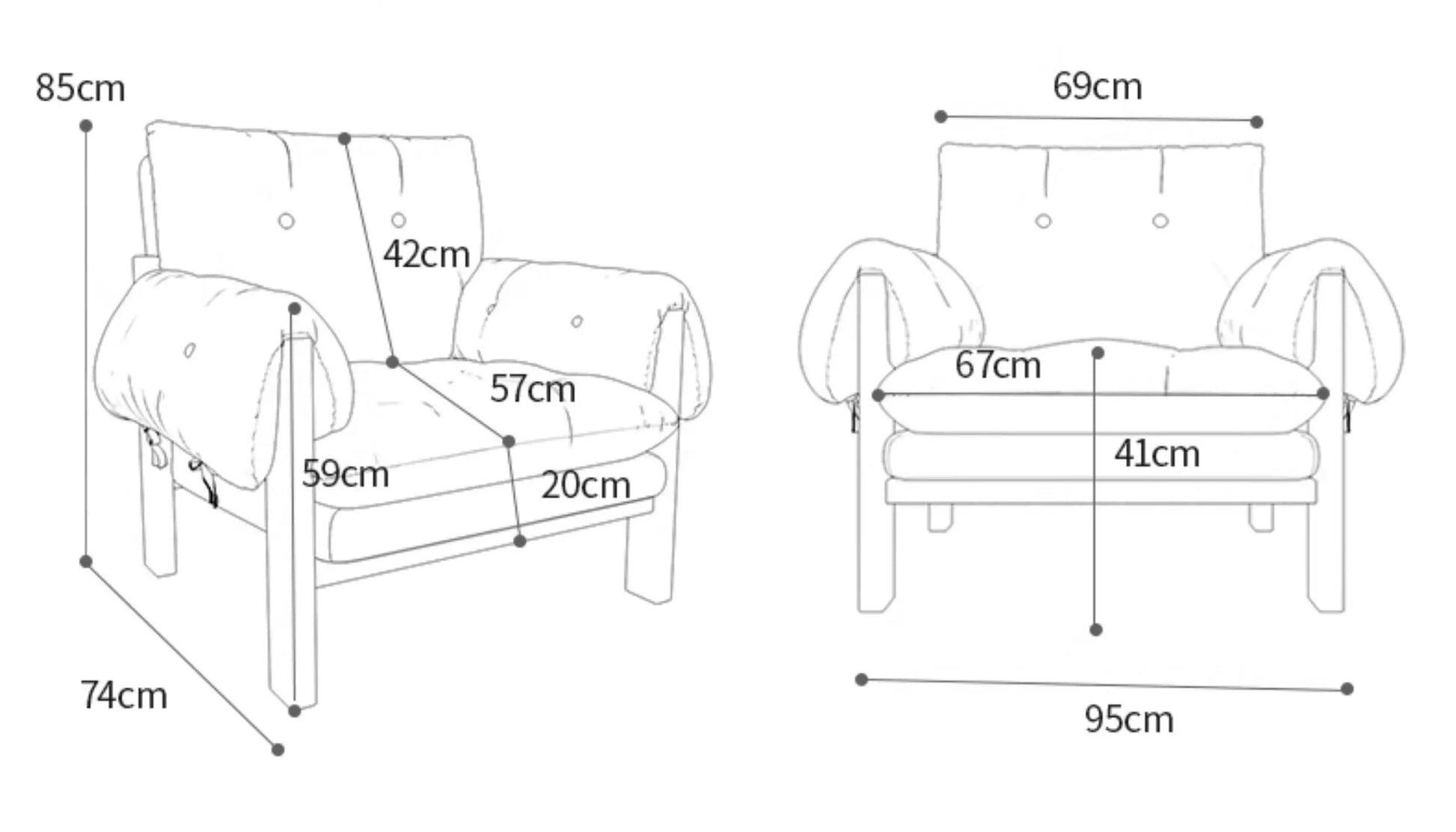 Technical specifications and dimensions of a sofa chair with a table, including material and filling details.
