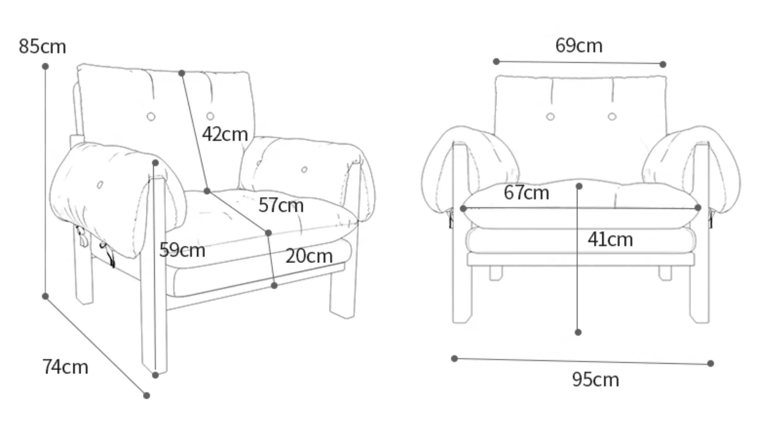Technical specifications and dimensions of a sofa chair with a table, including material and filling details.