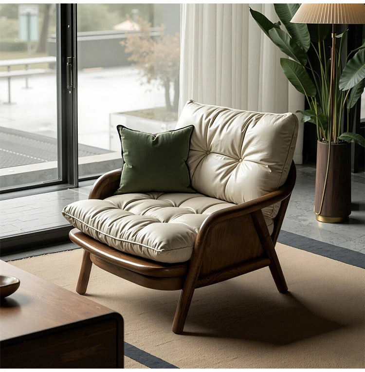 Minimalist Solid Walnut Accent Chair With Cushioned Faux Leather - Beige