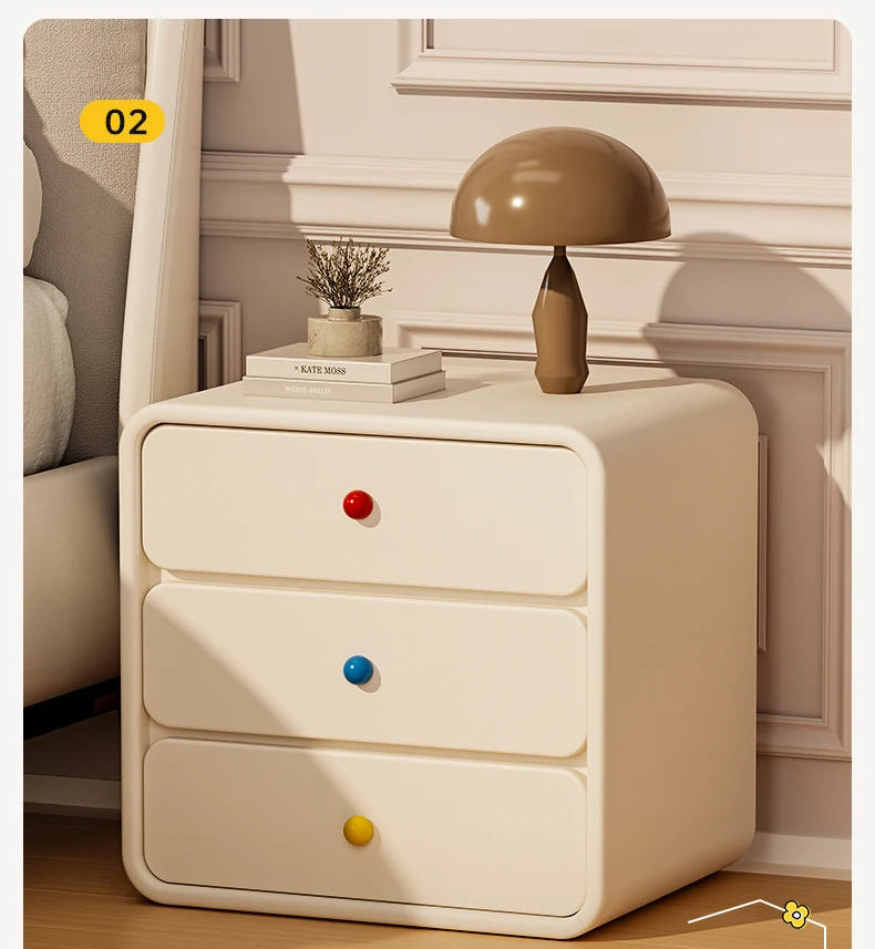 Soft Retro 3-Drawer Bedside Table with Rainbow Ceramic Knobs