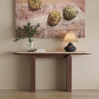 Mid-Century Japandi Console Table | Travertine Stone Slab Tabletop & Black Walnut Veneer Base
