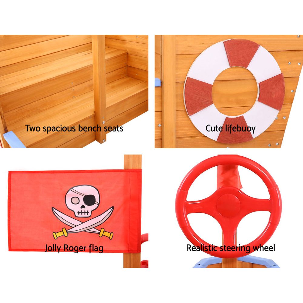 Kids Sandpit Wooden Boat Sand Pit with Canopy Bench Seat - 165cm
