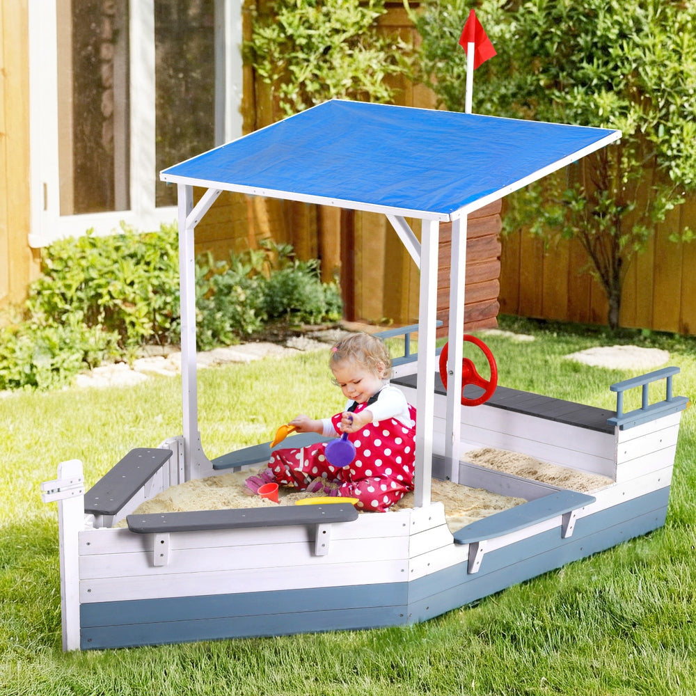 Kids Sandpit Wooden Box Boat With Canopy - Blue
