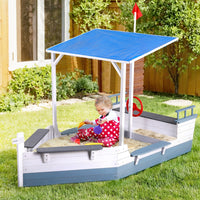 Kids Sandpit Wooden Box Boat With Canopy - Blue