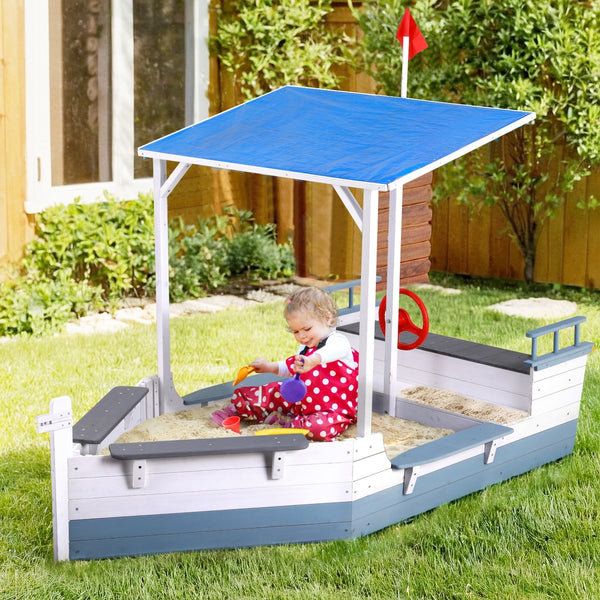 Kids Sandpit Wooden Box Boat With Canopy - Blue