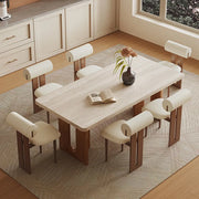 Retro Travertine Stone 6-Seater Dining Set with Upholstered Chairs