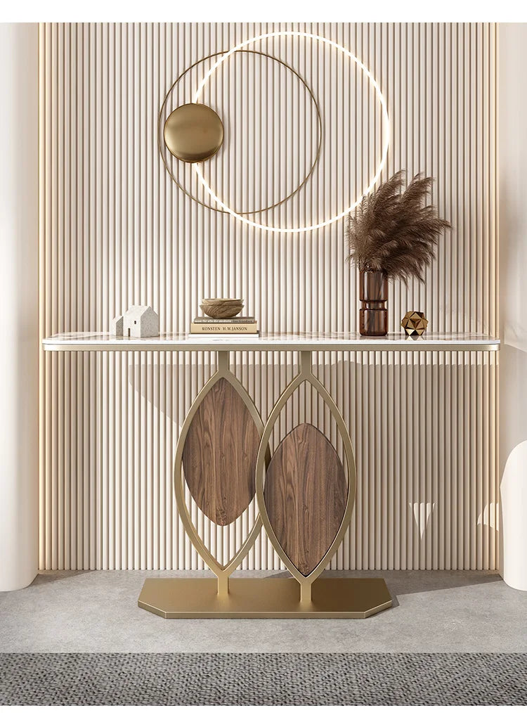 Luxury Sculptural Stone Console Table – Gold & Walnut Finish
