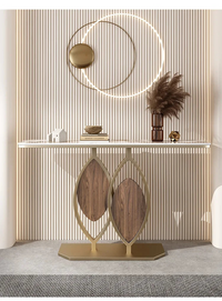 Luxury Sculptural Stone Console Table – Gold & Walnut Finish