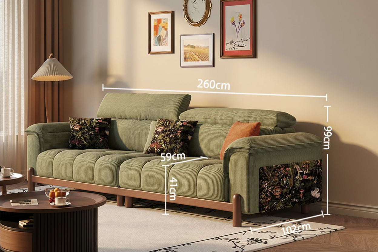 Mid-Century Modern Sofa with Adjustable Headrests and Solid Wood Frame - 5 Sizes