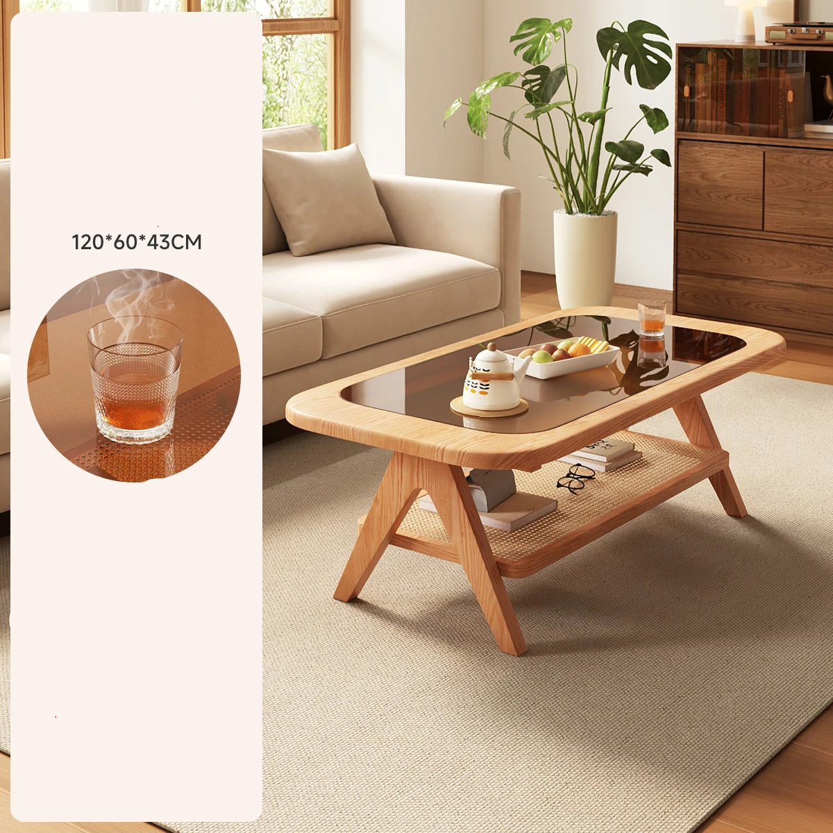 Wooden coffee table in a living room with a plant and tea set, accompanied by product details on the left.