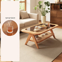 Wooden coffee table in a living room with a plant and tea set, accompanied by product details on the left.
