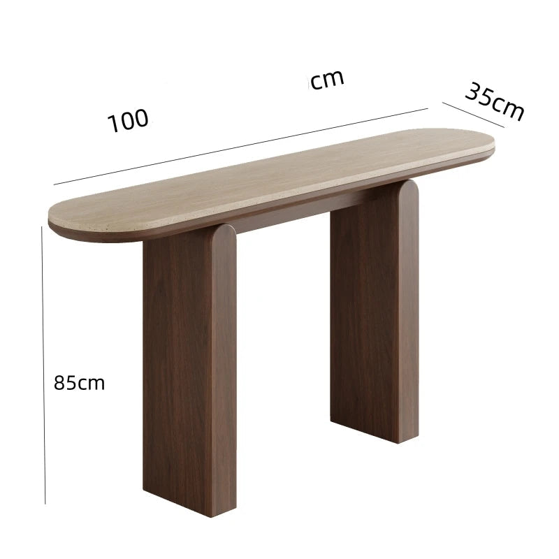 Mid-Century Japandi Console Table | Travertine Stone Slab Tabletop & Black Walnut Veneer Base