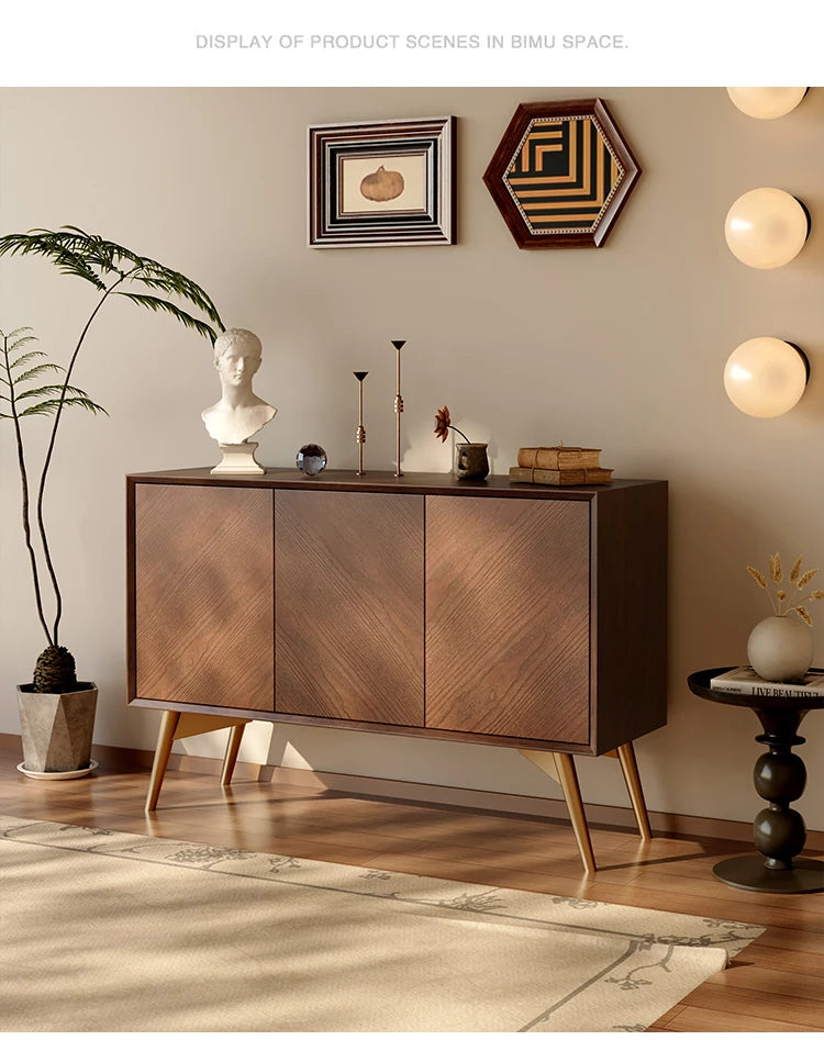 Shivana Retro Herringbone Solid Wood Sideboard Cabinet with Brass Legs - 120cms