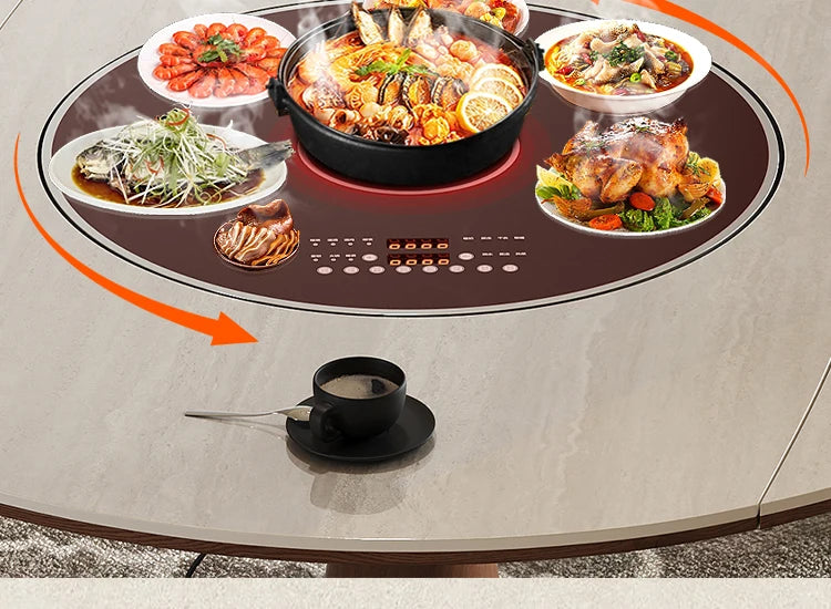 Modern electric hot pot with various dishes on a stylish table