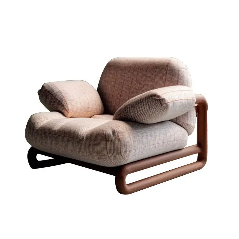 Modern Solid Black Walnut or Ash Accent Chair With Beige Textured Upholstery