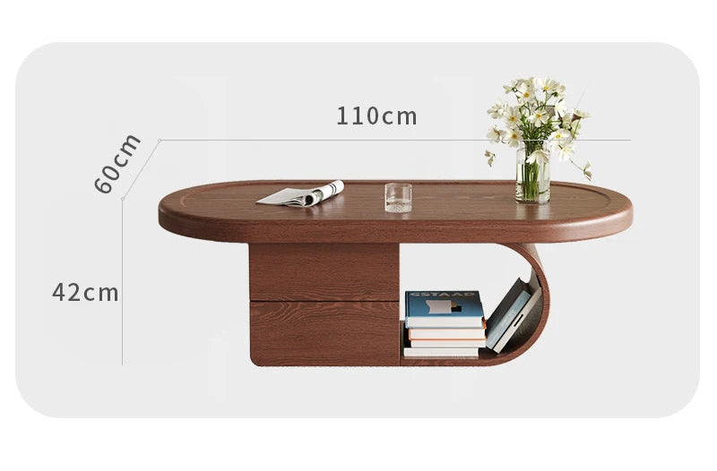 Wooden coffee table with dimensions labeled on a white background