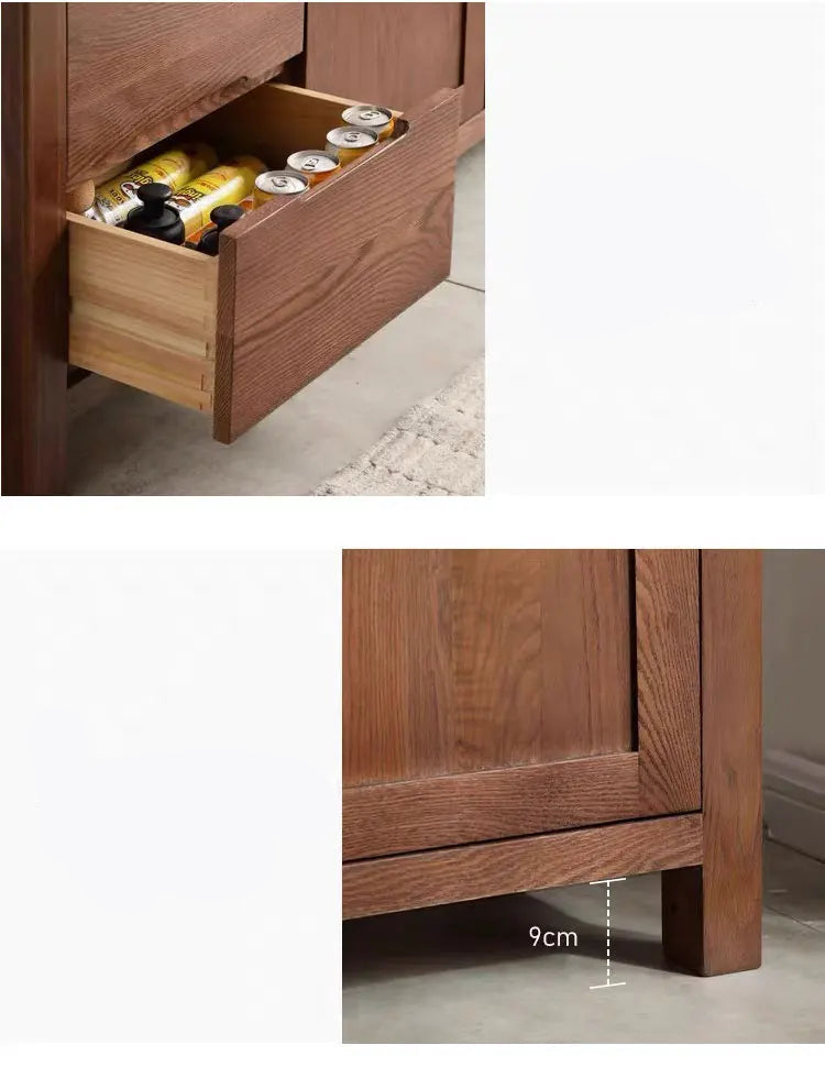 Wooden cabinet with open drawer and close-up of cabinet base, featuring text in Chinese.