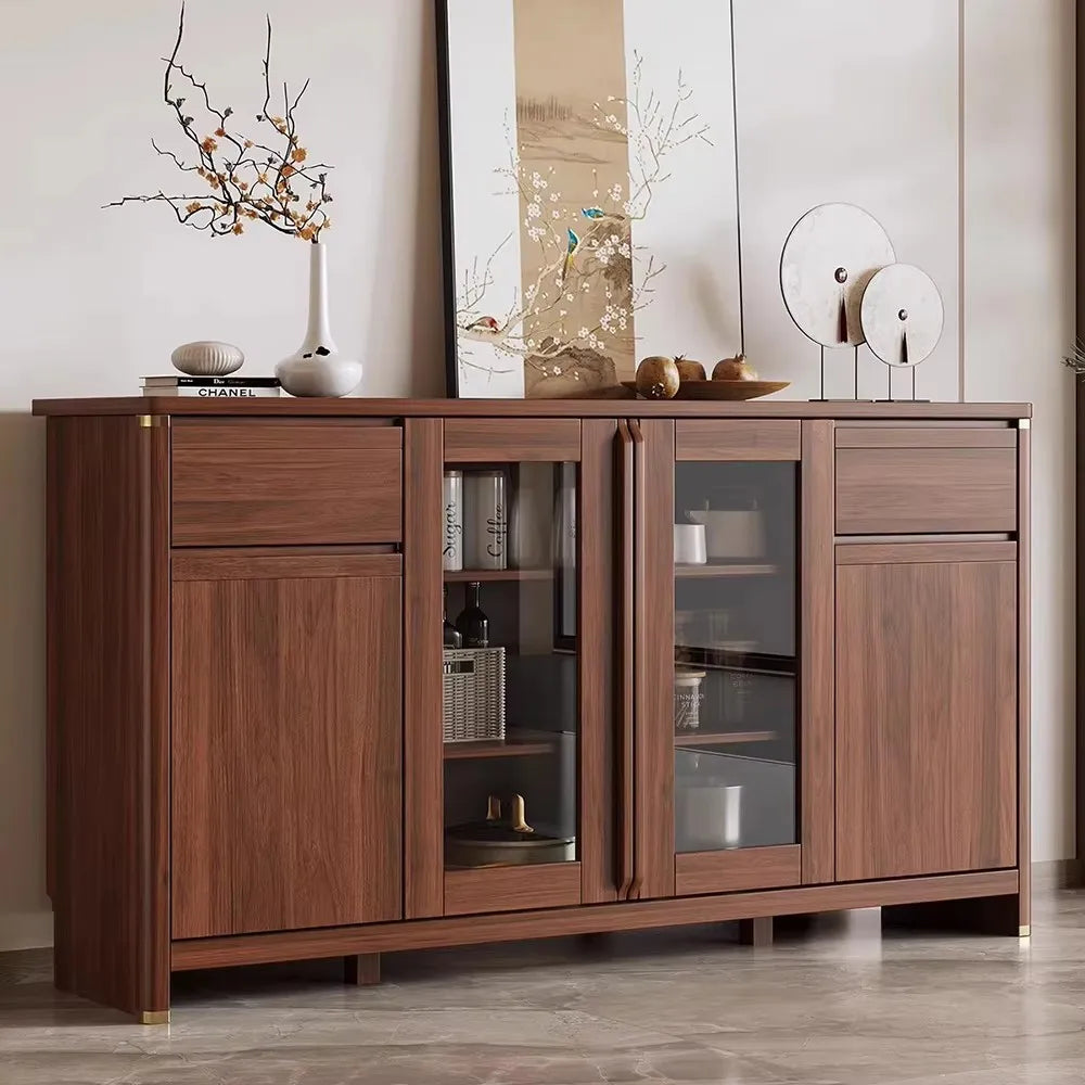 Wooden sideboard with glass doors in a room setting