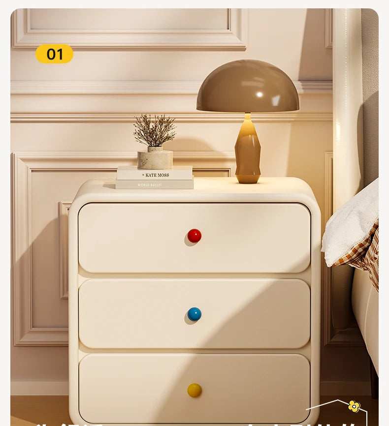 Soft Retro 3-Drawer Bedside Table with Rainbow Ceramic Knobs