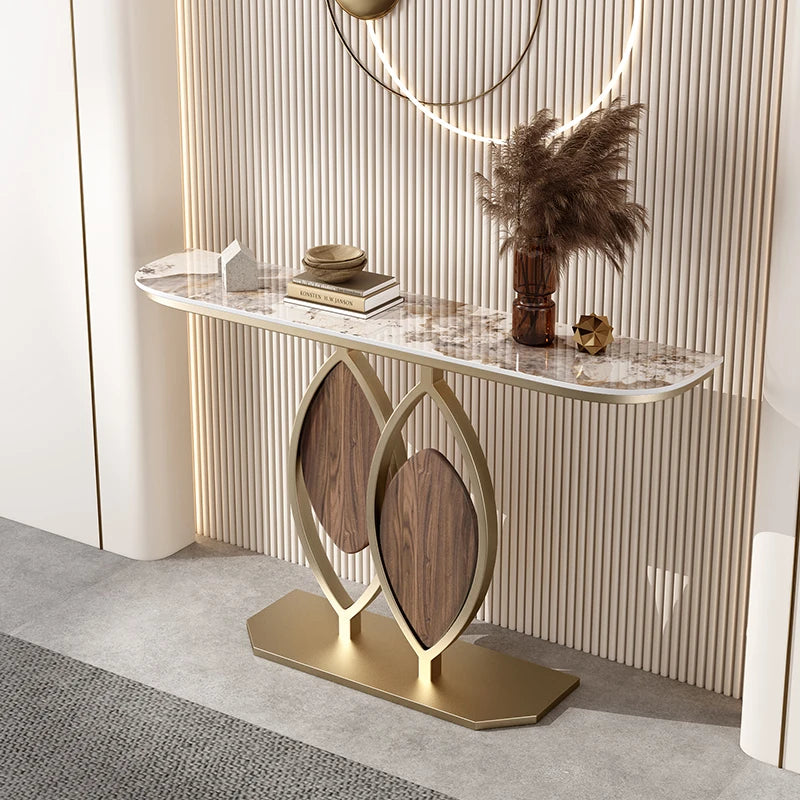 Luxury Sculptural Stone Console Table – Gold & Walnut Finish