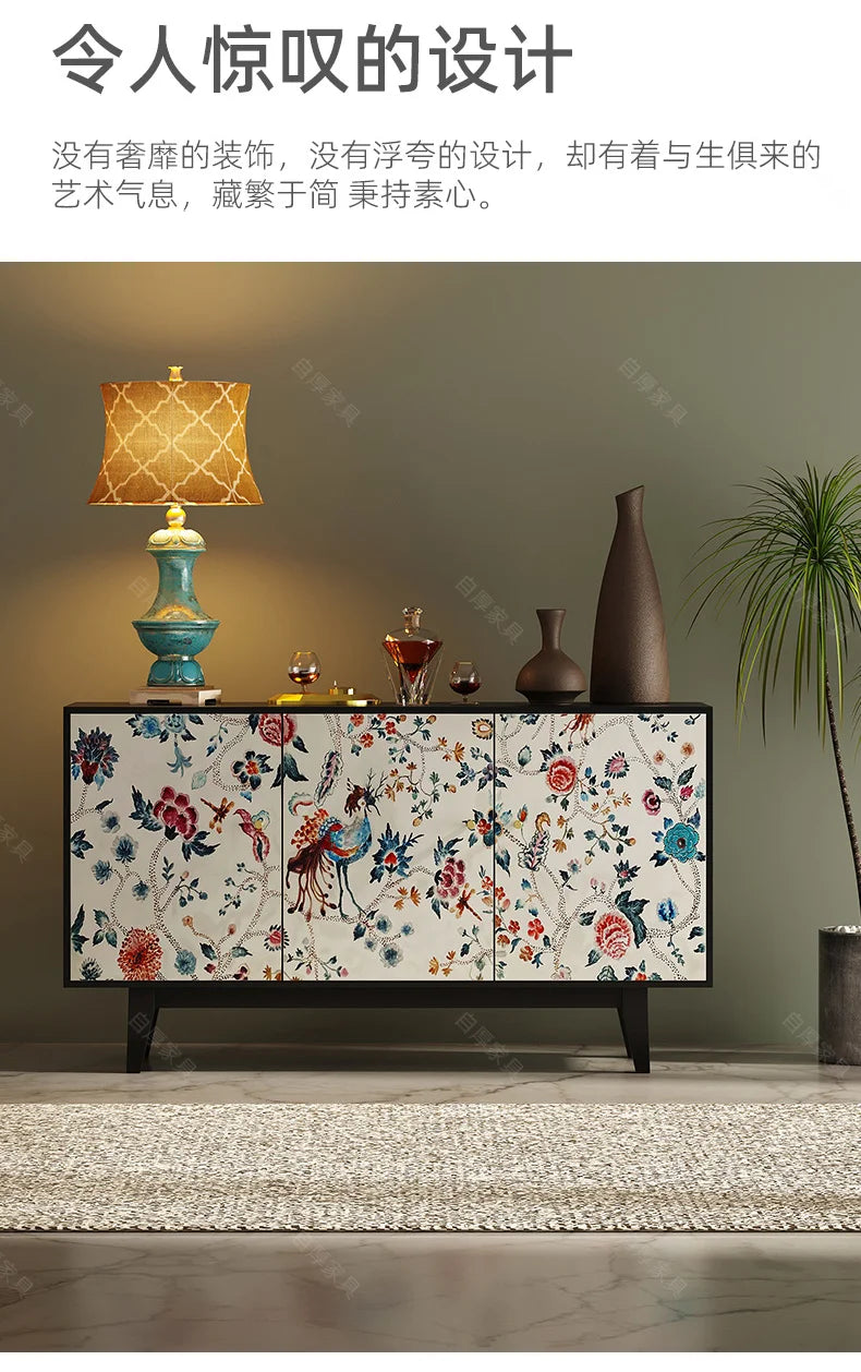 Luxury American-Style Sideboard in Black with Hand-Painted Floral Panels - 2 Sizes