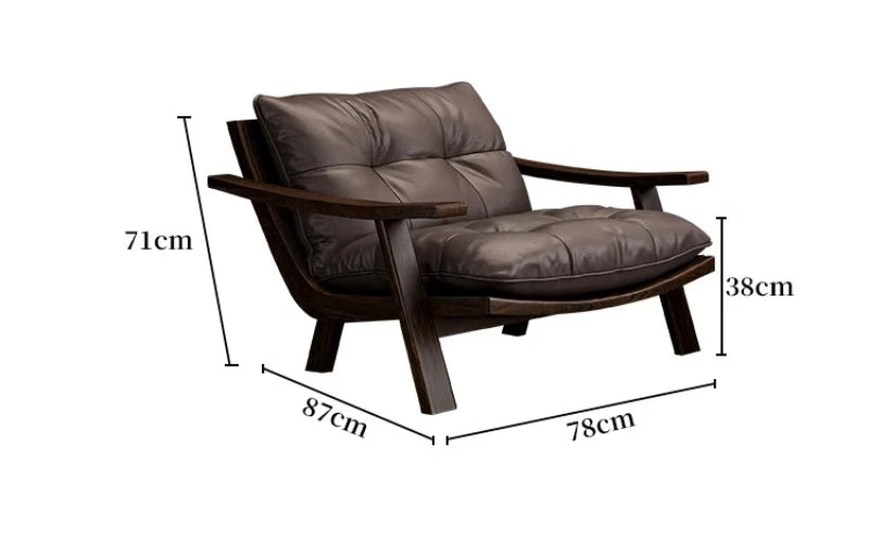 Brown leather armchair with dimensions labeled on a white background