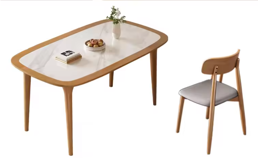 Stone White and Timber Dining Table with 6 Upholstered Chairs 1.4m
