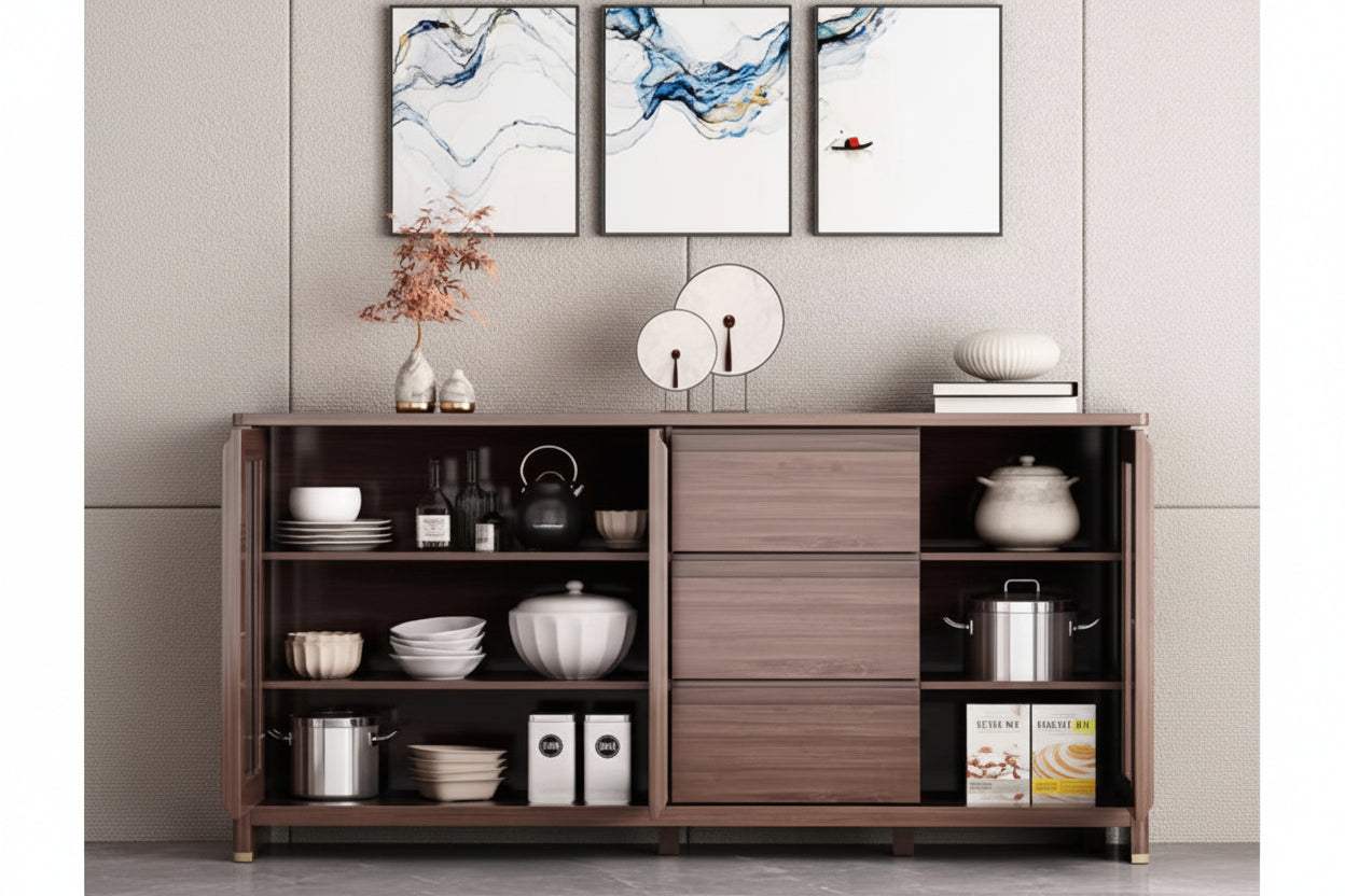 Modern Walnut Glass Display Sideboard With 2 Drawers - 140cm