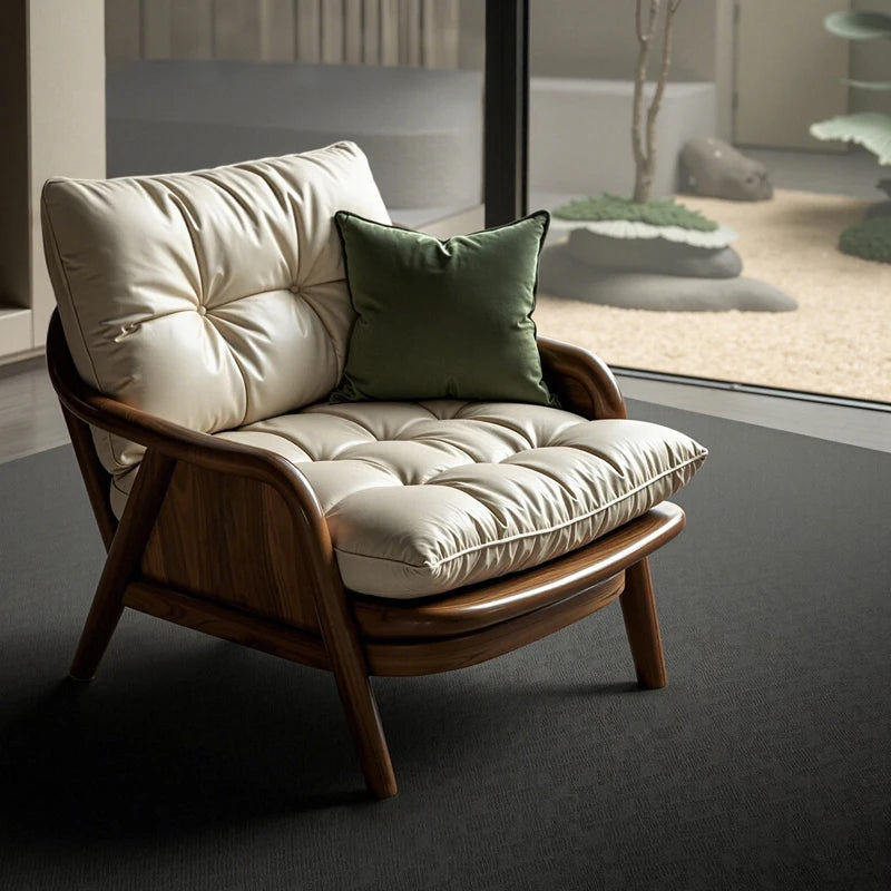 Minimalist Solid Walnut Accent Chair With Cushioned Faux Leather - Beige