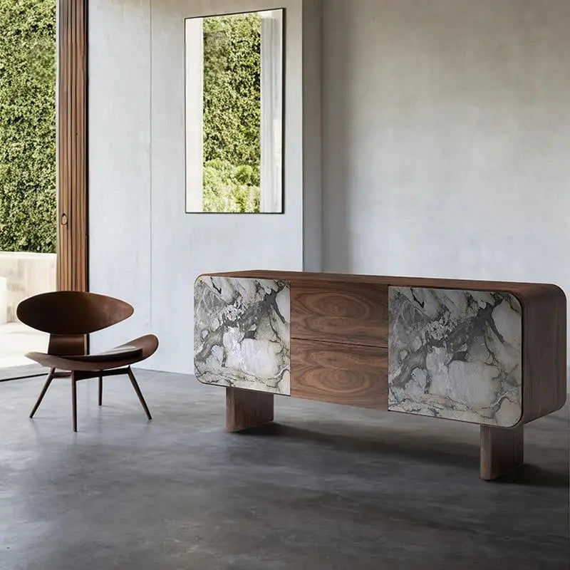 Modern Natural Marble Sideboard Cabinet With Walnut Wood Finish - 4 Colours