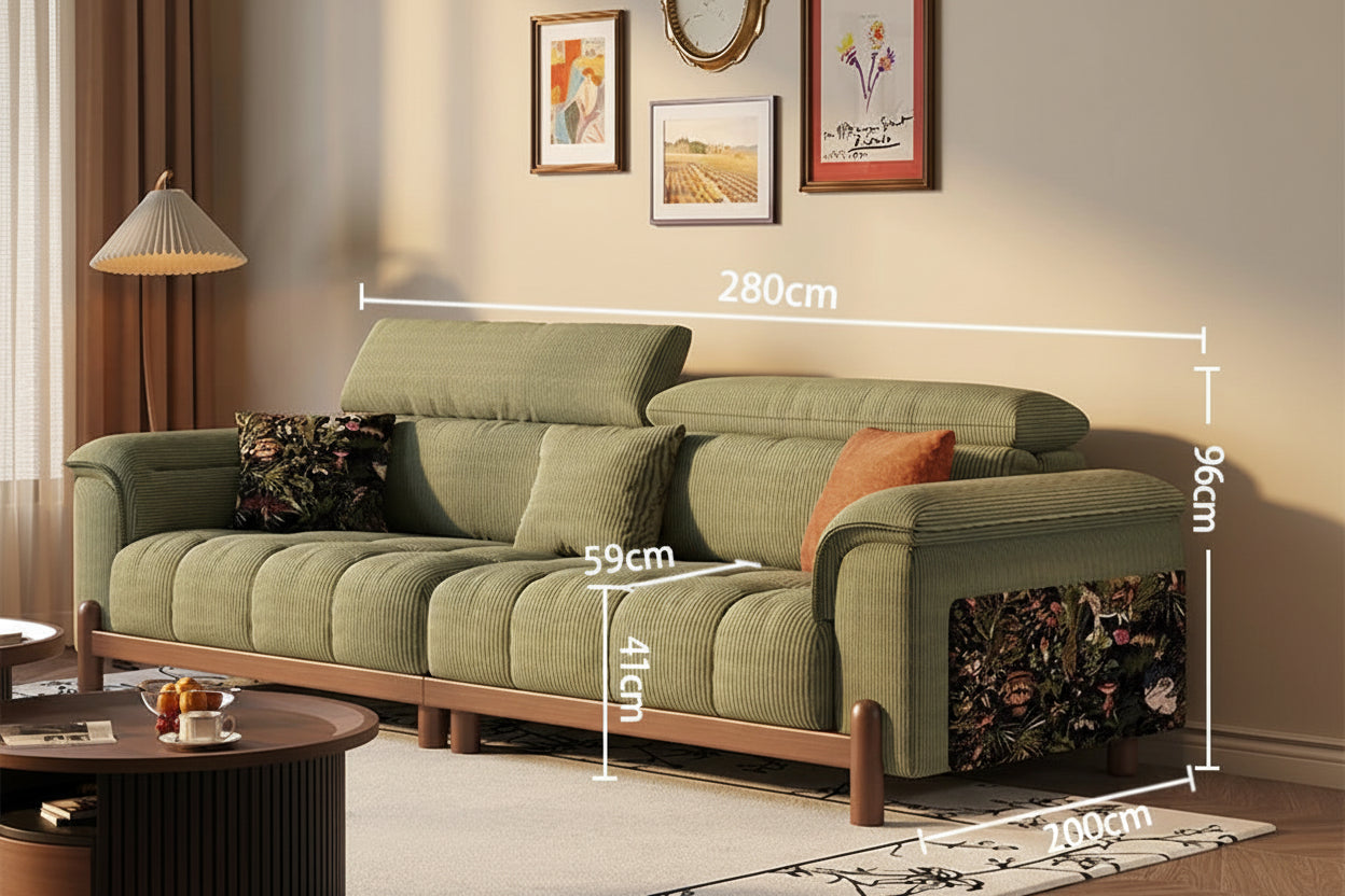 Mid-Century Modern Sofa with Adjustable Headrests and Solid Wood Frame - 5 Sizes