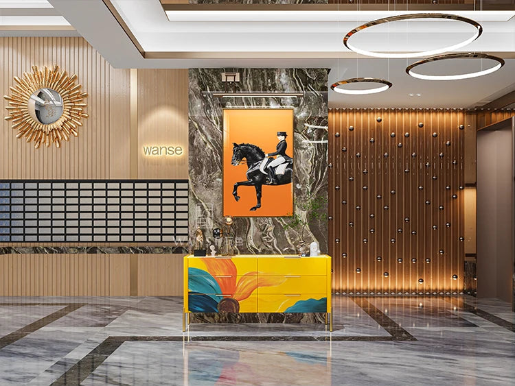 Modern Burnt Orange Abstract Sideboard Cabinet with Marbled Stone Top - 2 Sizes