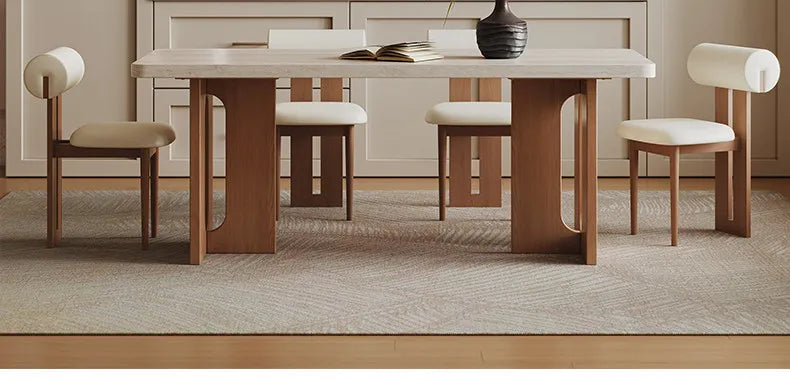 Retro Travertine Stone 6-Seater Dining Set with Upholstered Chairs