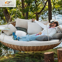 Courtyard Outdoor Rattan Open-Air Swing Chair with Attached Table - Natural Brown or White