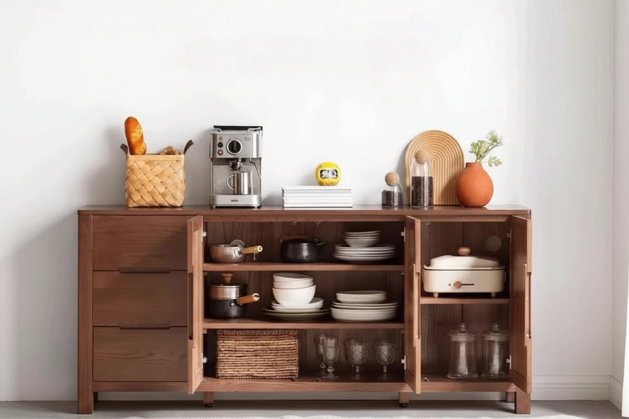 Wooden cabinet with kitchen items on a white background