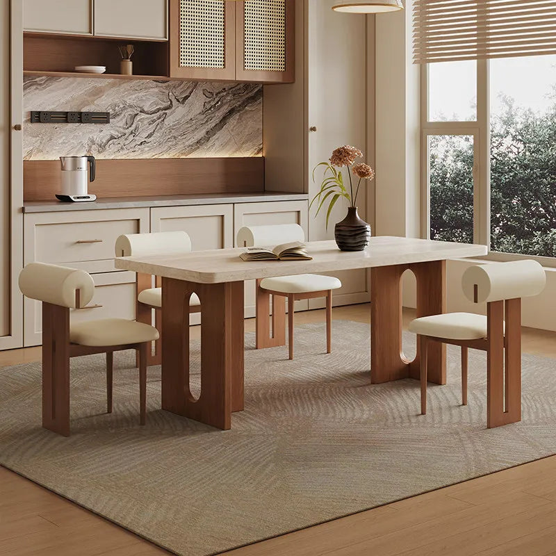 Retro Travertine Stone 6-Seater Dining Set with Upholstered Chairs