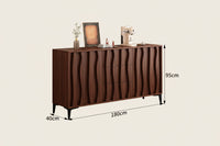Wooden sideboard with wavy design and dimensions on a white background