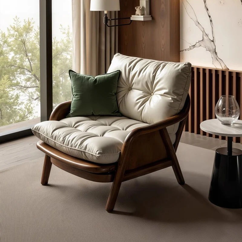 Minimalist Solid Walnut Accent Chair With Cushioned Faux Leather - Beige