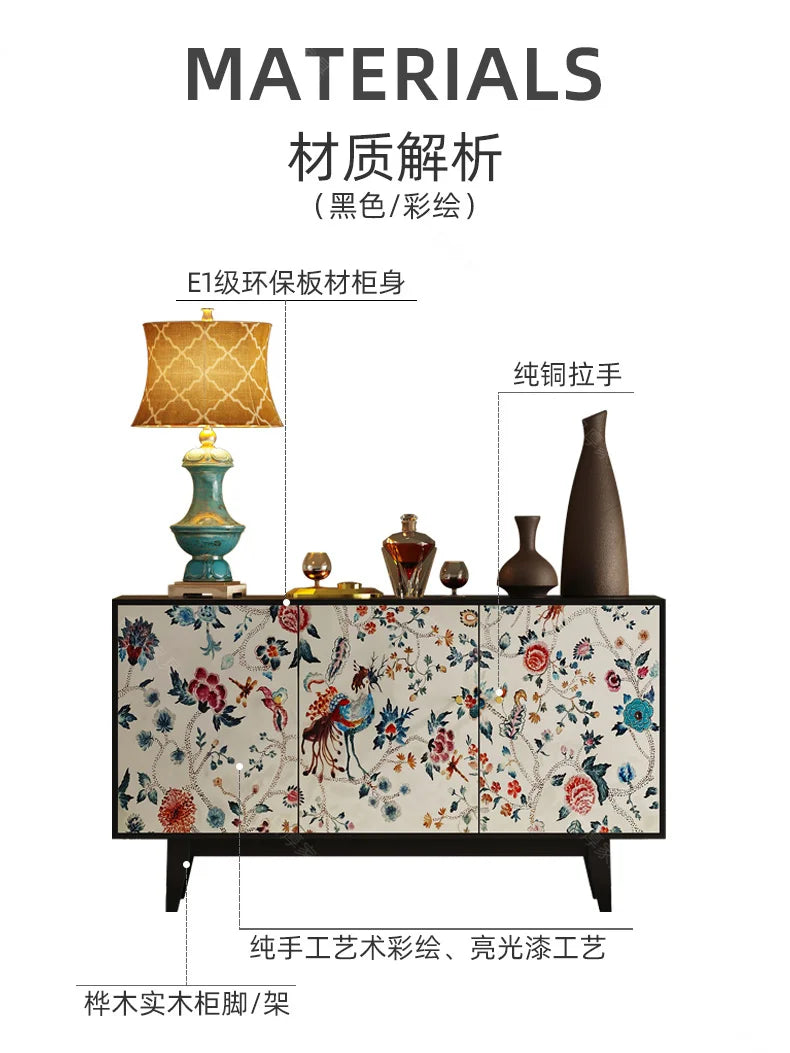 Luxury American-Style Sideboard in Black with Hand-Painted Floral Panels - 2 Sizes