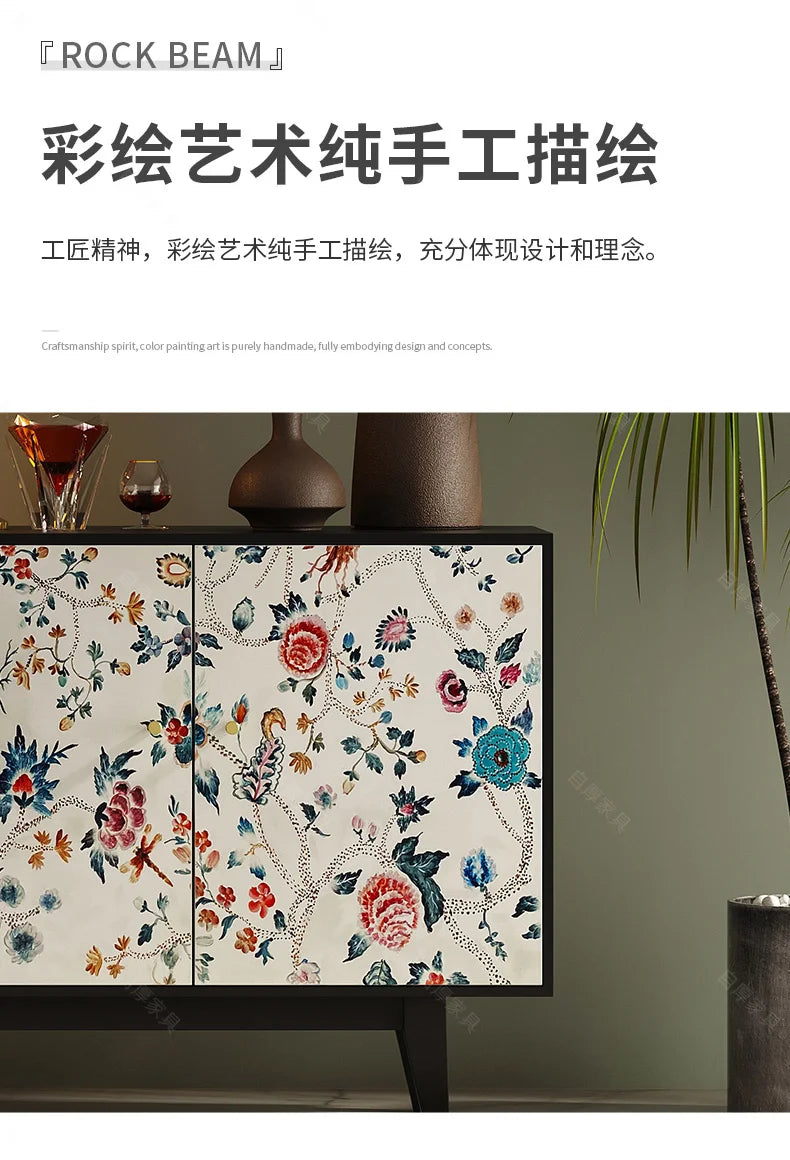 Luxury American-Style Sideboard in Black with Hand-Painted Floral Panels - 2 Sizes