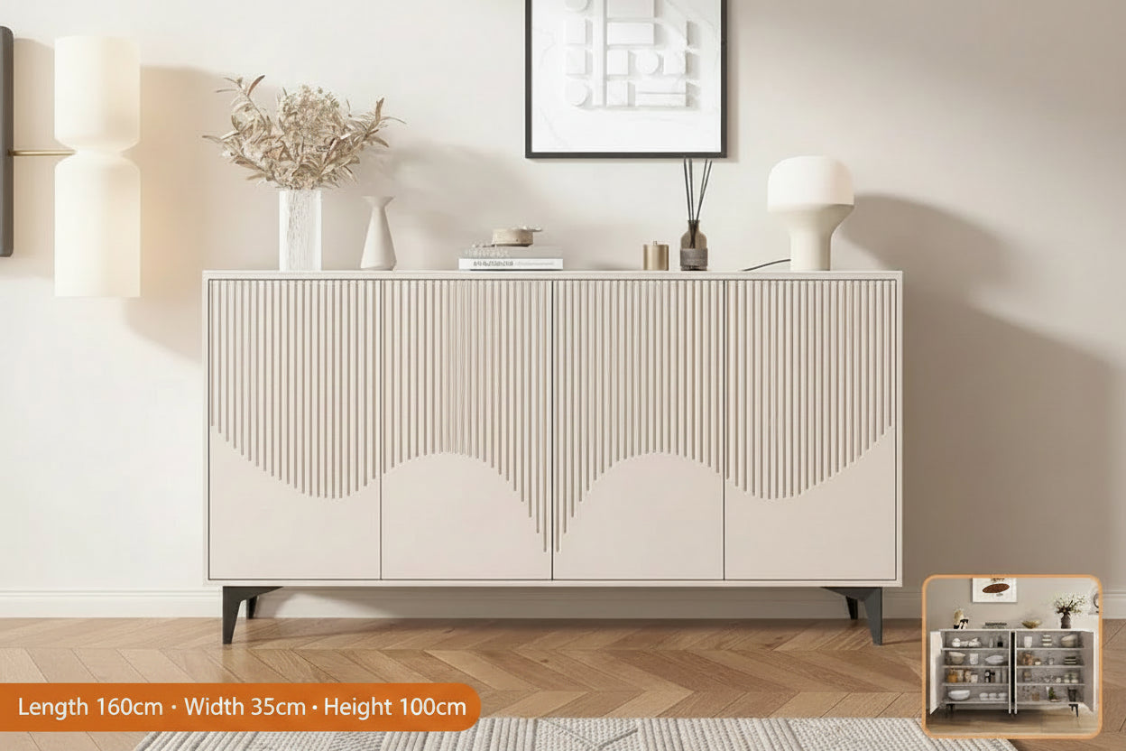 Cream Fluted Modern Minimalist Sideboard Buffet  With Sintered Stone Top - 3 Sizes