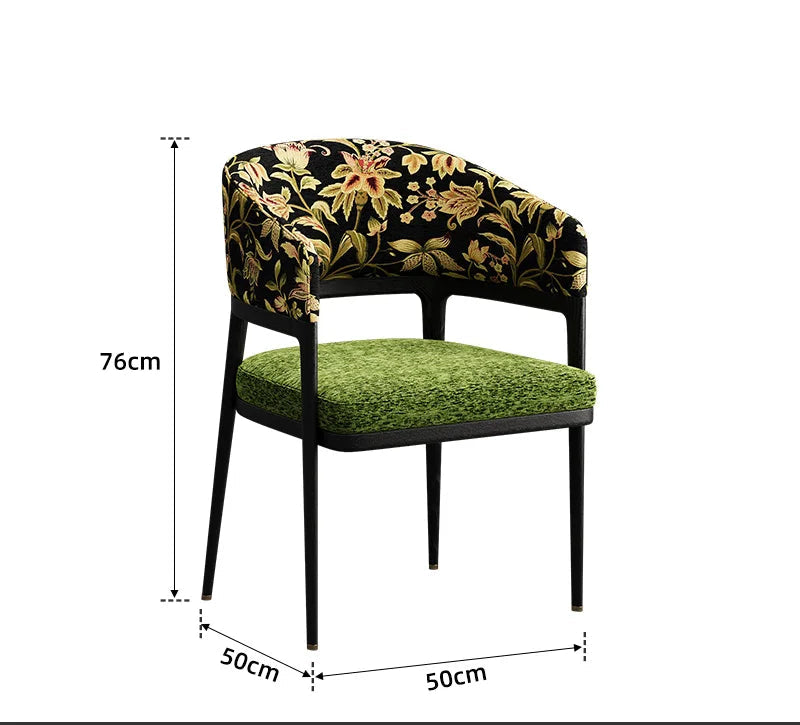 Chair with floral patterned backrest and green seat, shown with dimensions on a white background.