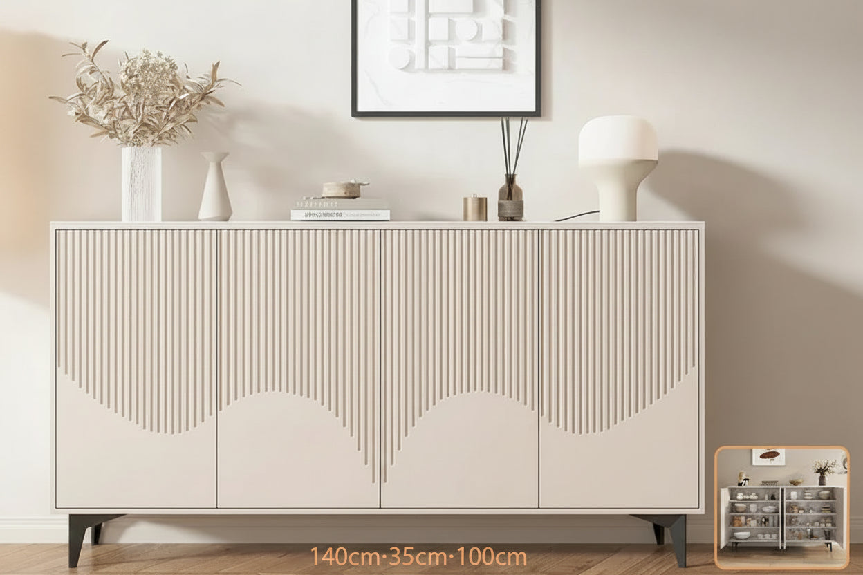 Cream Fluted Modern Minimalist Sideboard Buffet  With Sintered Stone Top - 3 Sizes